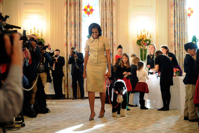 Image: First lady Michelle Obama and First Dog Bo, welcome military families, including Gold Star and Blue Star parents, spouses and children for the first viewing of the 2012 holiday decorations at the White House in Washington